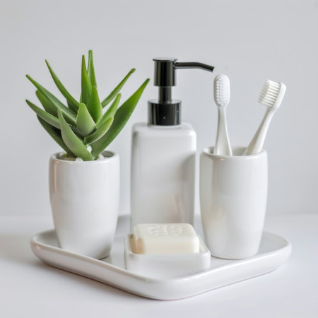 This minimalist bathroom setup features a green succulent, toothbrushes, and a soap dispenser on a sleek white surface, promoting wellness and cleanliness.の素材