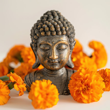 Discover a beautiful Buddha statue adorned with vibrant marigold flowers, creating a peaceful atmosphere ideal for meditation or spiritual practices. Perfect for enhancing tranquility.の素材