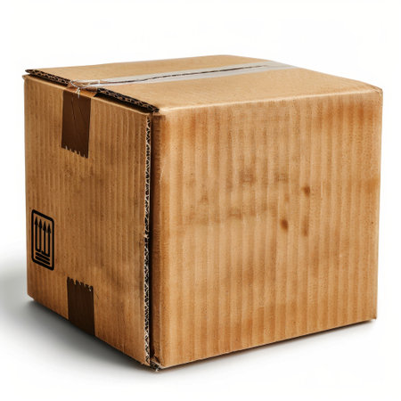 A plain brown cardboard box featuring a shipping label and protective tape, ideal for showcasing themes of delivery, storage, packaging, and logistics.の素材