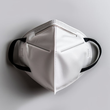 A detailed close-up view of a white medical face mask, highlighting its design and details. This image emphasizes health safety and personal protection against airborne diseases.の素材