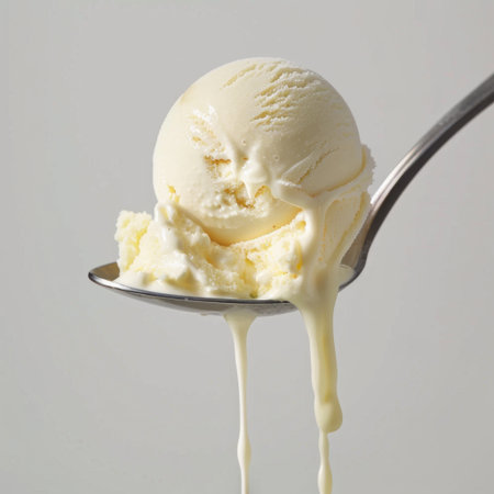 A close-up image capturing a scoop of creamy vanilla ice cream melting on a silver spoon. The soft yellow background enhances the dessert's inviting appeal. Perfect for food photography.の素材