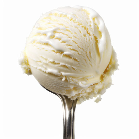This image features a scoop of creamy vanilla ice cream resting on a silver spoon. The ice cream's texture highlights its smoothness and appeal as a beloved dessert choice.の素材