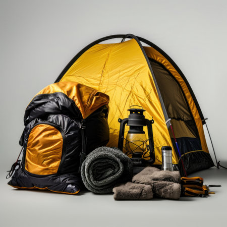 Discover the ultimate camping setup featuring a vibrant tent, sturdy backpack, cozy towels, and essential lantern, perfect for outdoor adventures and exploration.の素材