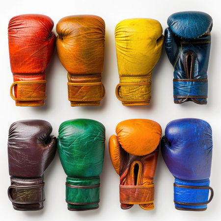 A striking arrangement of boxing gloves in vibrant colors highlights unique textures and craftsmanship. Perfect for sports enthusiasts, trainers, and collectors.の素材