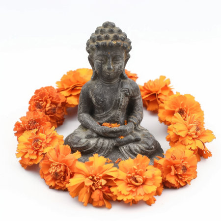 A tranquil Buddha statue adorned with bright marigold flowers perfect for themes of meditation, spirituality, and serenity. Ideal for decoration or contemplation.の素材