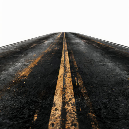 A striking representation of a desolate asphalt road leading into the distance. The cracked surface and faded lane markings evoke a sense of adventure and solitude.の素材