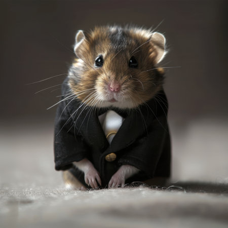 A small hamster wearing a stylish tuxedo and a bow tie, exuding charm and playfulness. This image captures the adorable essence of tiny pets in a delightful pose.の素材