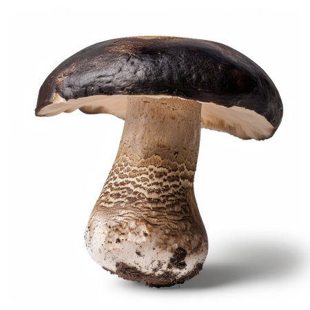 A fresh brown mushroom stands out alone against a clean white background, highlighting its rich texture and unique shape, perfect for culinary and food photography.の素材
