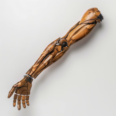 This image features a highly detailed prosthetic arm made of elegant materials, showcasing the blend of advanced mechanics and aesthetic design for human enhancement.の素材