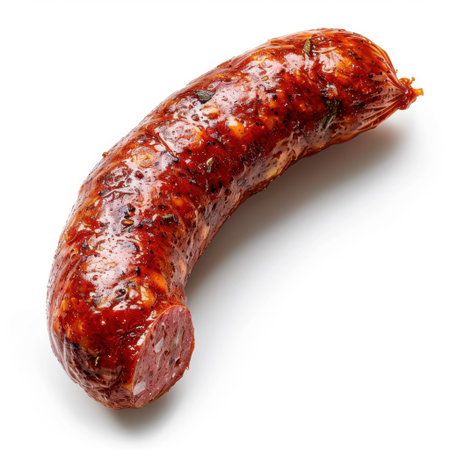 A close-up view of a dry-cured sausage displaying its rich texture and vibrant colors, perfect for culinary showcases, recipes, and food presentations.の素材