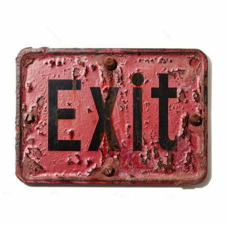 A vintage exit sign featuring a distressed red background and bold black lettering. Perfect for capturing urban aesthetics and nostalgic themes in visual projects.の素材