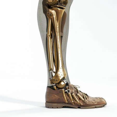 This image features a detailed view of a futuristic robotic prosthetic leg designed for advanced mobility and comfort, blending technology with stylish footwear elements.の素材
