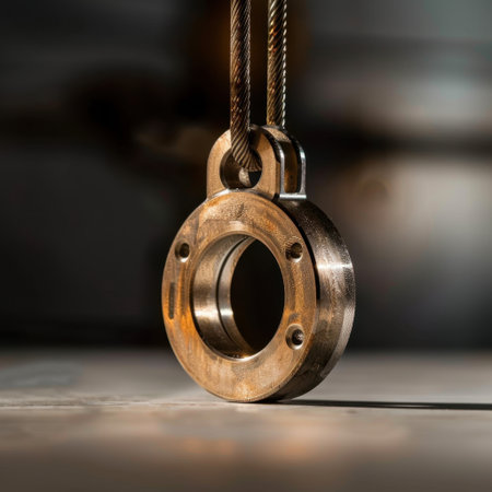 A detailed close-up view of an old rusty mechanical pulley hanging against a softly lit background, showcasing its intricate design and industrial character for engineering applications.の素材