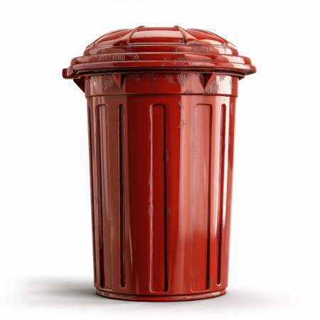 A vivid red trash can with a secure lid, perfect for waste management in urban settings. Its durable design makes it ideal for outdoor garbage disposal needs.の素材