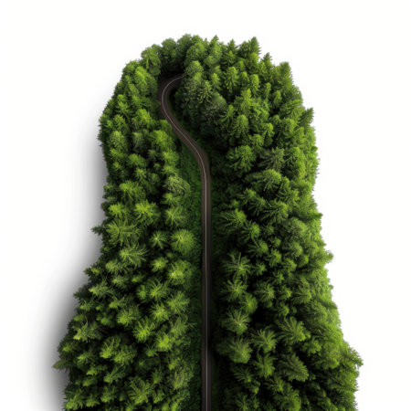 This aerial photograph captures a tranquil forest path winding through lush green trees, inviting viewers to explore the serene beauty of nature and escape into the outdoors.の素材