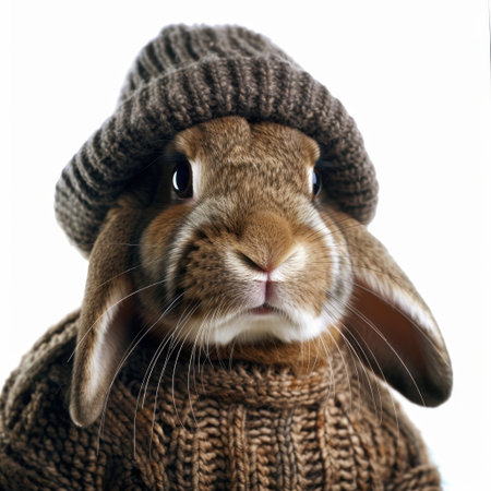 A playful rabbit dressed in a knitted sweater and hat showcases a charming expression. This delightful image is perfect for animal-themed projects and pet lovers.の素材