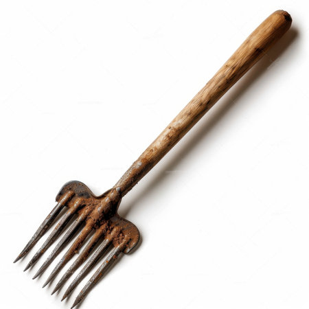 A classic vintage garden fork featuring a wooden handle and rusty metal tines, perfect for various gardening tasks and enhancing any rustic outdoor setting.の素材