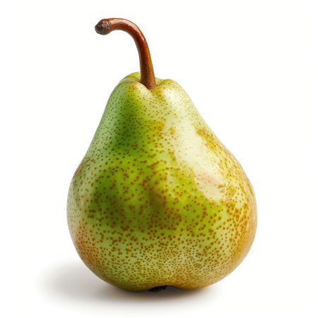 This image features a fresh green pear with a smooth skin and a delicate brown stem, set against a clean white background, highlighting its natural beauty and freshness.の素材