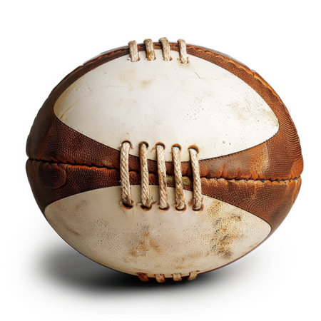 A vintage leather football positioned on a white background, displaying its worn texture and intricate laces, ideal for sports-themed projects and memorabilia.の素材