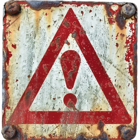 A weathered caution sign featuring a prominent triangle symbol on a rusty metal background, providing a striking visual of industrial warning and alertness.の素材