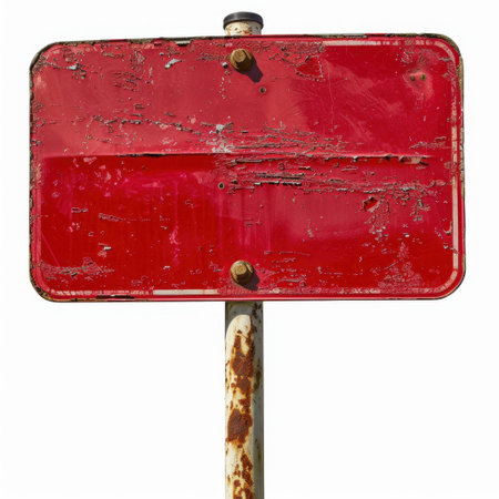 A weathered red sign mounted on a rusty metal post, showcasing peeling paint and an industrial feel. Ideal for urban or rustic photography and design projects.の素材