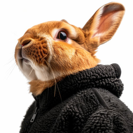 A charming portrait of a rabbit in a cozy black hoodie, capturing its adorable features and expressive personality against a bright white background. Ideal for whimsical themes.の素材