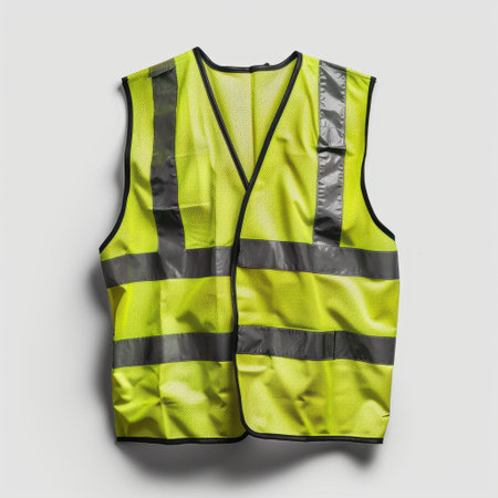 This bright yellow high-visibility safety vest features reflective strips, ensuring optimum visibility and safety for professionals in various outdoor and construction environments.の素材