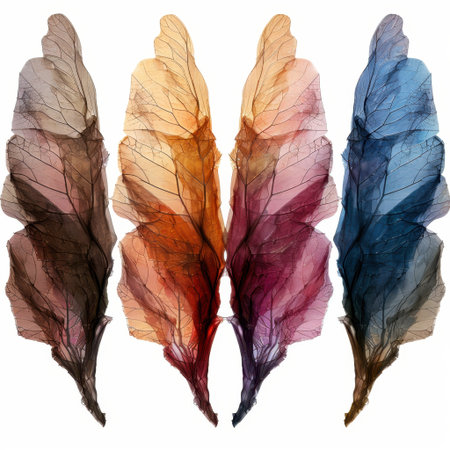A striking display of four translucent leaves in vibrant colors, showcasing intricate vein patterns. Perfect for design projects and nature-themed art inspiration.の素材