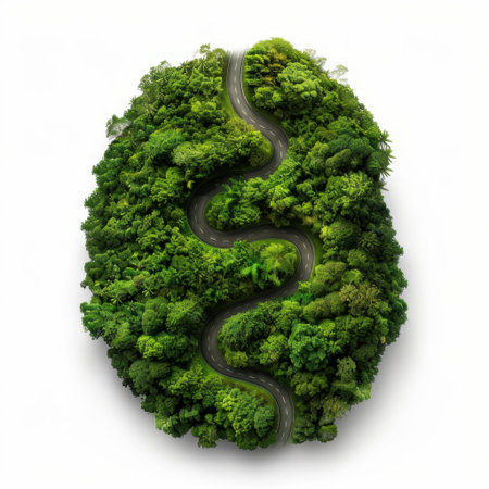 Discover a captivating aerial view of a winding road surrounded by a lush green forest. The image captures the perfect harmony of nature and travel.の素材