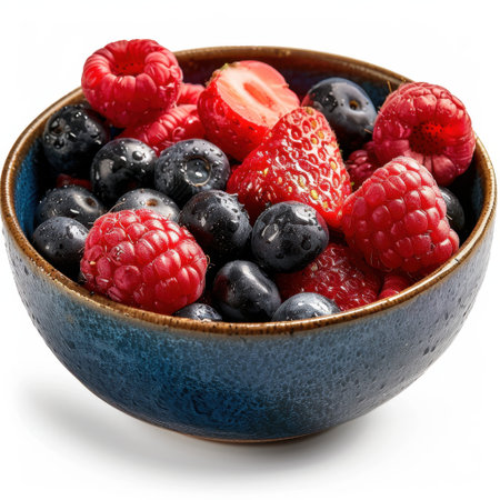 A vibrant assortment of fresh berries, including strawberries, raspberries, and blueberries, displayed in a rustic bowl with water droplets, perfect for a healthy snack.の素材