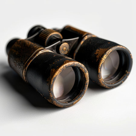A close-up image of vintage leather binoculars showcasing their worn texture and impressive detailing, perfect for outdoor enthusiasts and photography lovers seeking adventure.の素材