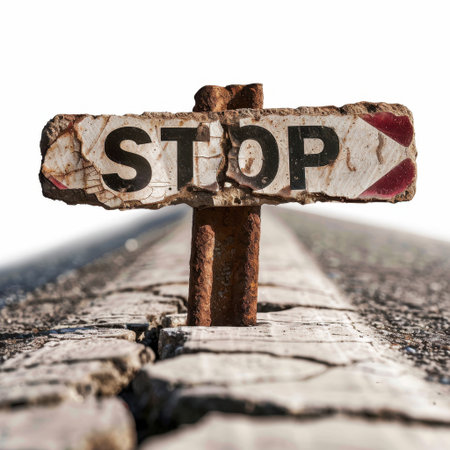 A weathered stop sign stands on cracked pavement, highlighting the importance of road safety. The blurred backdrop adds to the sense of rural isolation and travel.の素材