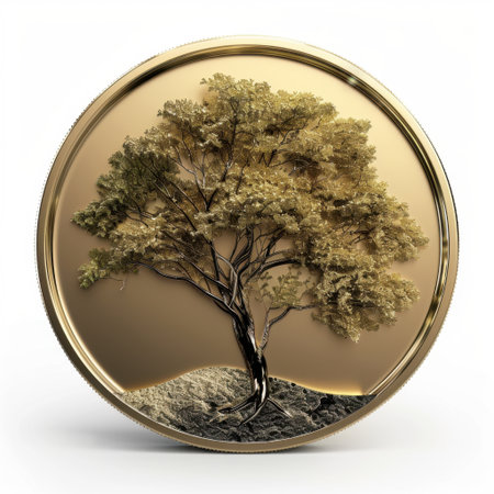 Stunning golden coin design showcasing a beautiful tree motif, perfect for illustrating themes of nature, growth, and financial prosperity in a modern aesthetic.の素材