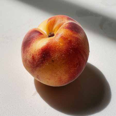 A close-up of a ripe peach captures its rich colors and textures, set against a clean white surface. Ideal for illustrating healthy eating, fresh produce, or seasonal recipes.の素材