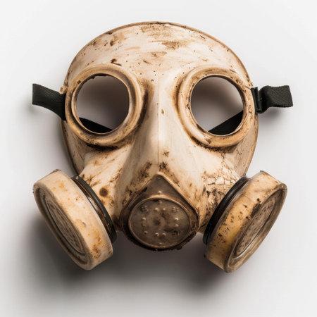 This image features a weathered gas mask with dirt and grime, ideal for illustrating themes of environmental protection and safety in hazardous situations.の素材