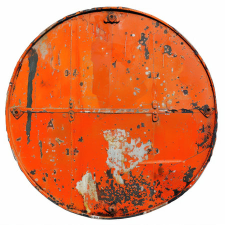 This image features a vintage circular orange metal sign, showcasing rust and peeling paint, ideal for industrial themes or artistic projects requiring unique texture.の素材