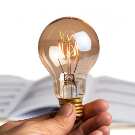 A beautifully designed vintage light bulb glows brightly held in a hand, creating an inspiring atmosphere with blurred book pages in the background for creative ideas.の素材