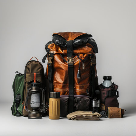 Discover a meticulously arranged collection of essential outdoor gear, featuring a stylish leather backpack, lantern, and tools perfect for camping and adventure seekers.の素材