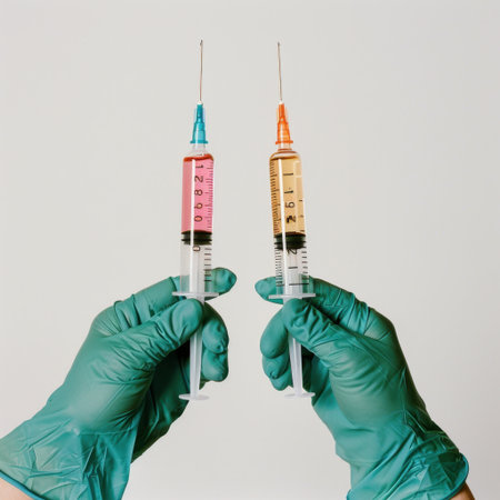 A medical professional demonstrates the contents of two syringesの素材