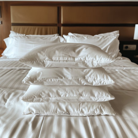 A beautifully arranged hotel bedroom featuring a neatly made bed with soft, white pillows that evoke a sense of comfort and tranquility for guests.の素材