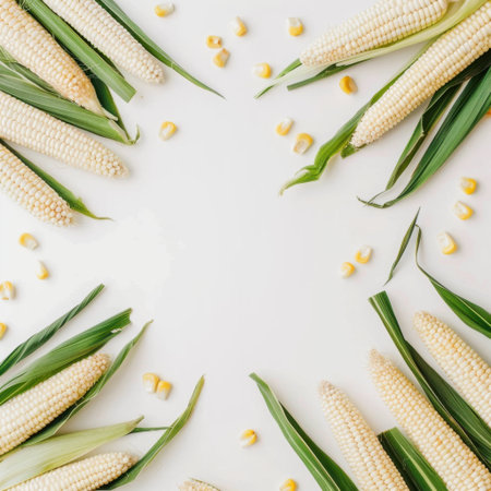 Vibrant composition featuring fresh corn cobs with husks and scattered kernels, surrounded by lush green leaves. Perfect for food-themed projects and agricultural concepts.の素材