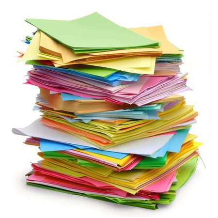 A vibrant stack of assorted paper sheets in various colors and textures, perfect for creative projects or organizing materials in an office or classroom setting.の素材