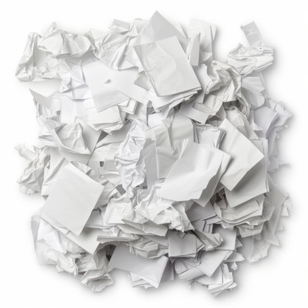 A close-up of a chaotic heap of crumpled white paper offers a unique texture, perfect for various creative projects, environmental concepts, or artistic layouts.の素材