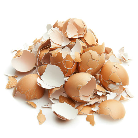 A visually striking pile of broken eggshells creates a powerful image representing food preparation and culinary art, highlighting the beauty in kitchen waste.の素材