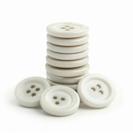 A stylish arrangement of white buttons stacked and laid out, perfect for various sewing and craft projects. Ideal for creative inspiration and design use.の素材