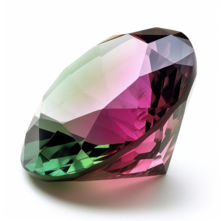 Stunning view of a brilliantly cut gemstone displaying vibrant colors of pink and green. The light reflection showcases its clarity and elegance against a white background.の素材