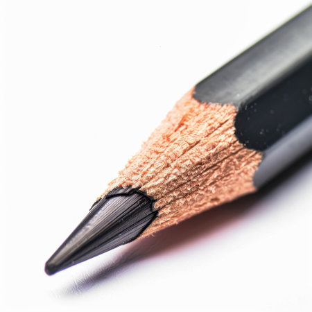 This image features a detailed close-up of a sharpened black pencil, emphasizing the intricate texture of the wooden body and the sharp tip. Perfect for artistic and educational uses.の素材