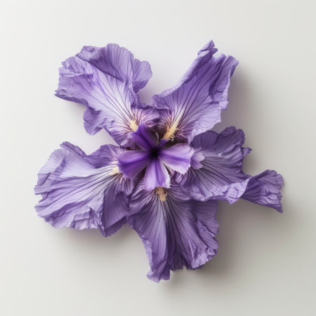 A captivating closeup of a stunning purple iris flower, showcasing delicate petals and intricate textures against a clean white background, perfect for nature themes.の素材