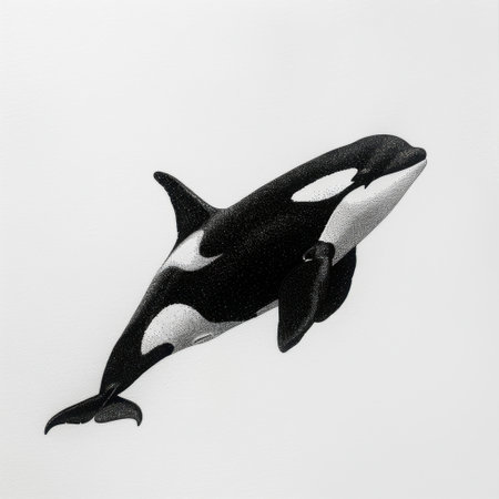 This stunning black and white illustration captures the beauty of an orca whale gracefully swimming, showcasing intricate dot patterns in a unique artistic style.の素材