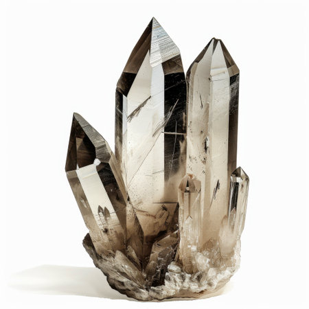 This image showcases a beautiful smoky quartz crystal cluster with sharp edges and rich transparency, perfect for collectors and nature enthusiasts seeking unique mineral pieces.の素材